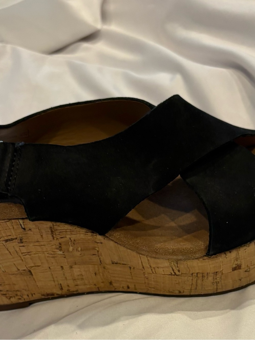 Clarks Black Suede Cork Wedge Espadrille Sandals